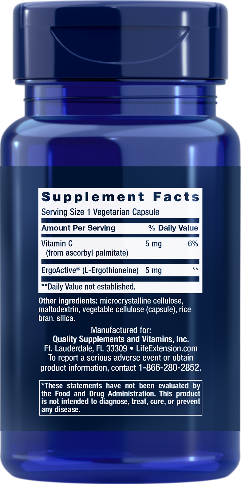 Life Extension Essential Youth L-Ergothioneine in 30 capsules, cell-protection and longevity benefits, supplement facts